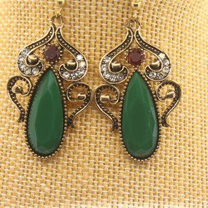 Drop Dangle Earrings Emerald Green and Red Statement